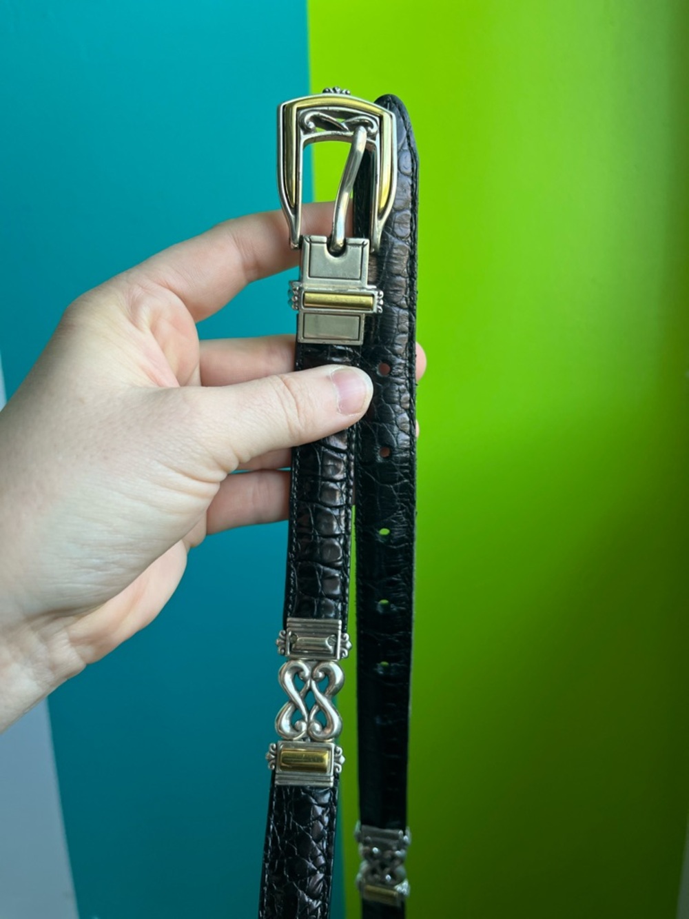 Black Croc-Embossed Leather Belt with Silver-Gold Swivel Hardware